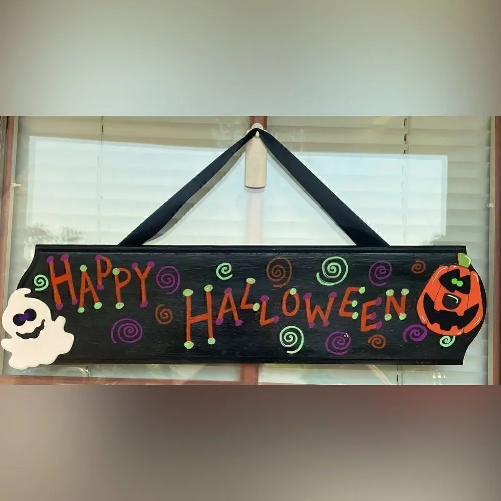 “👻🎃💀 Happy Halloween” Handmade! Halloween Sign Multi Color Jack-o-Lantern Ghost